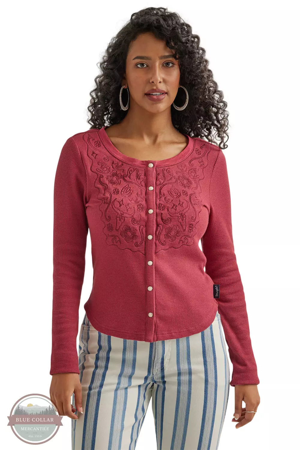 Wrangler 112344653 Embroidered Snap Shirt in Red Front View