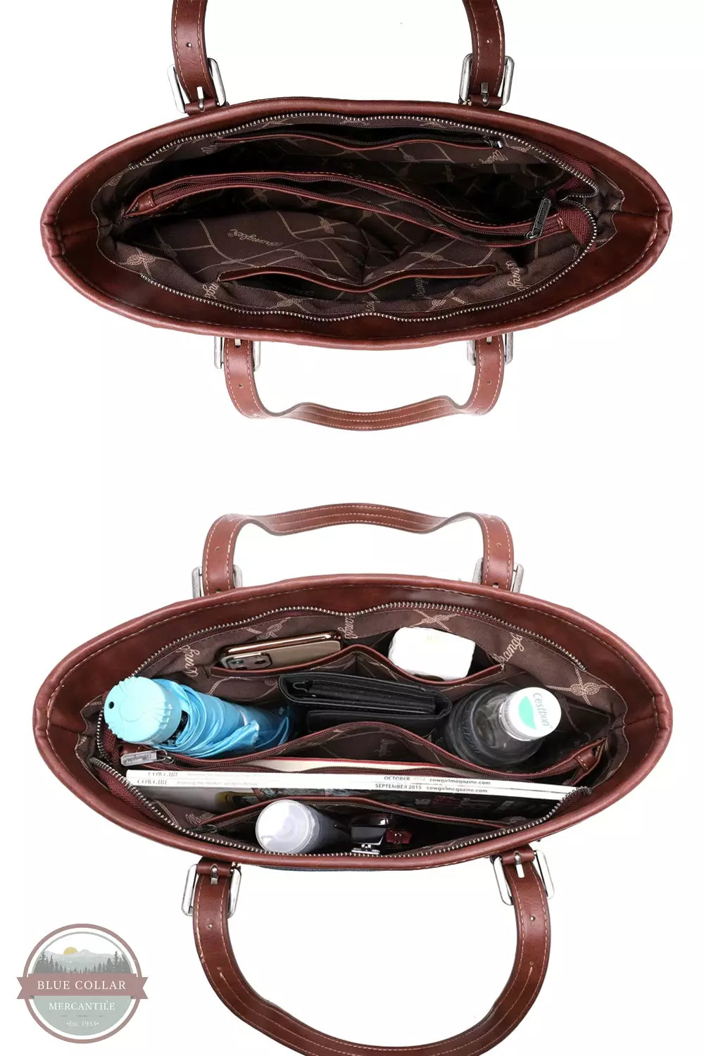 Wrangler WG06-G8317 Aztec Embossed Fray Denim Concealed Carry Tote Bag Inside View