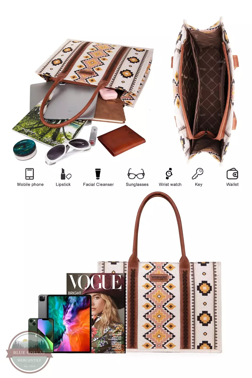 Wrangler WG2202-8119 Southwestern Print Canvas Wide Tote Bag Inside Details
