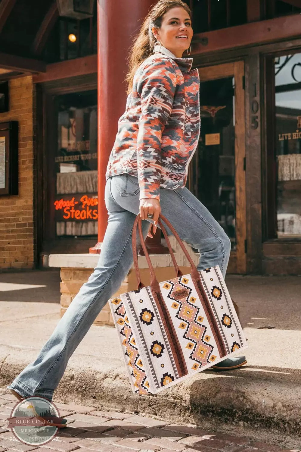 Wrangler WG2202-8119 Southwestern Print Canvas Wide Tote Bag Life View
