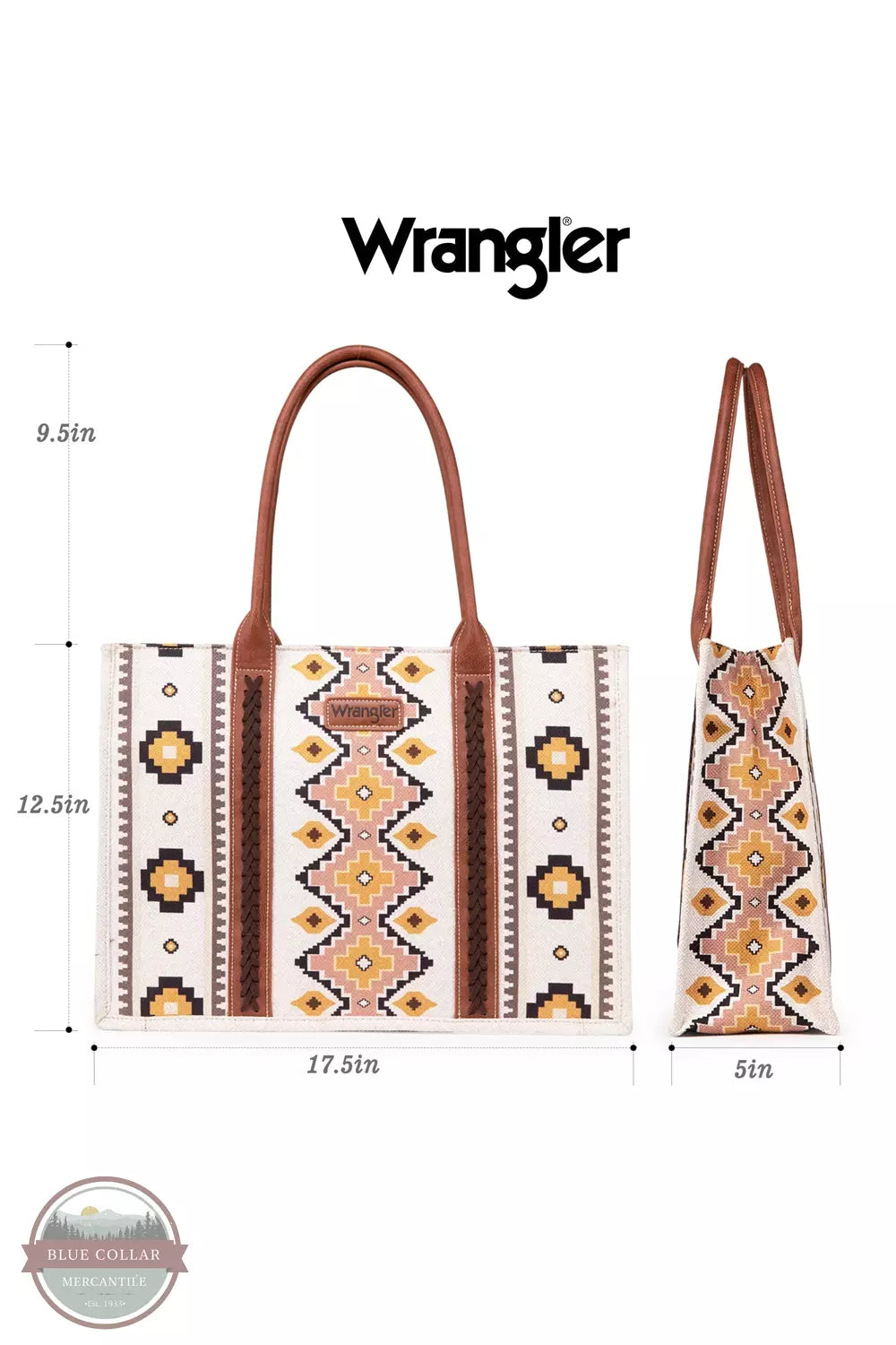 Wrangler WG2202-8119 Southwestern Print Canvas Wide Tote Bag Sizing Details