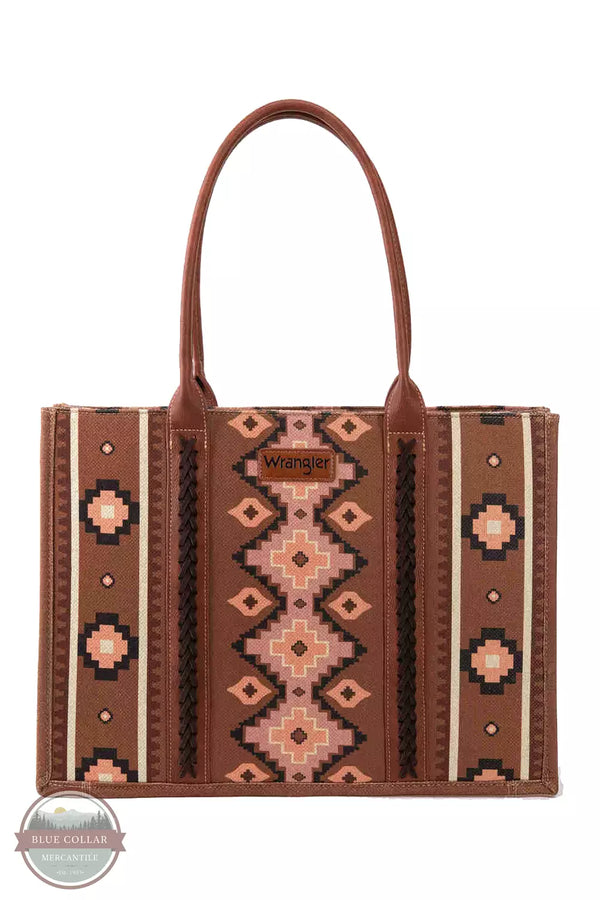 Wrangler WG2203-8119 Southwestern Print Canvas Wide Tote Bag Dark Brown Front View