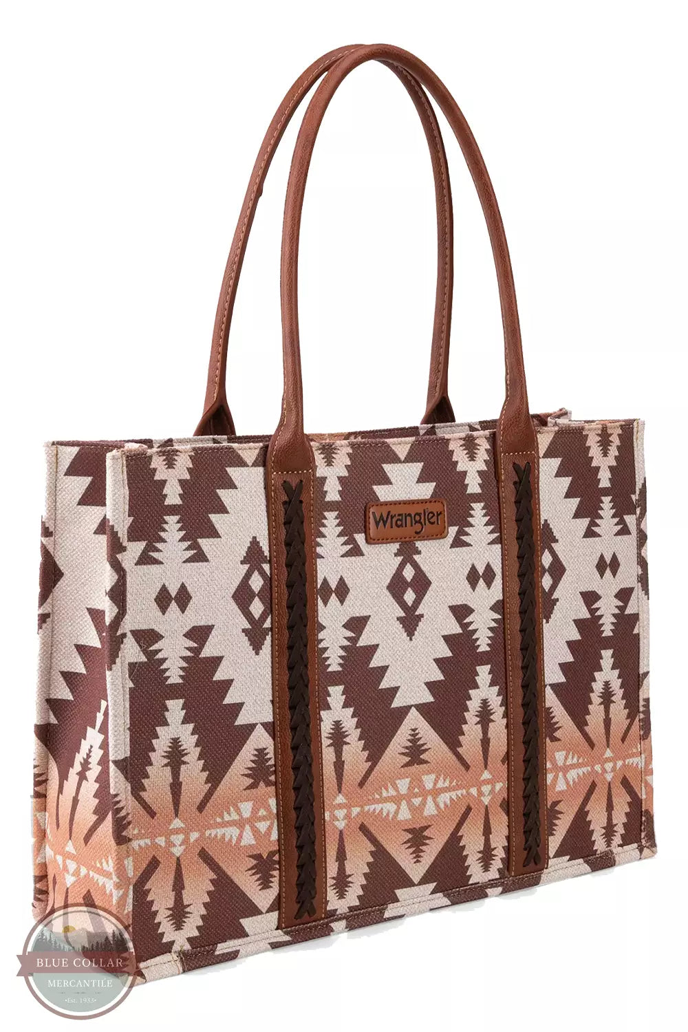 Wrangler WG2203-8119 Southwestern Print Canvas Wide Tote Bag Light Coffee Profile View