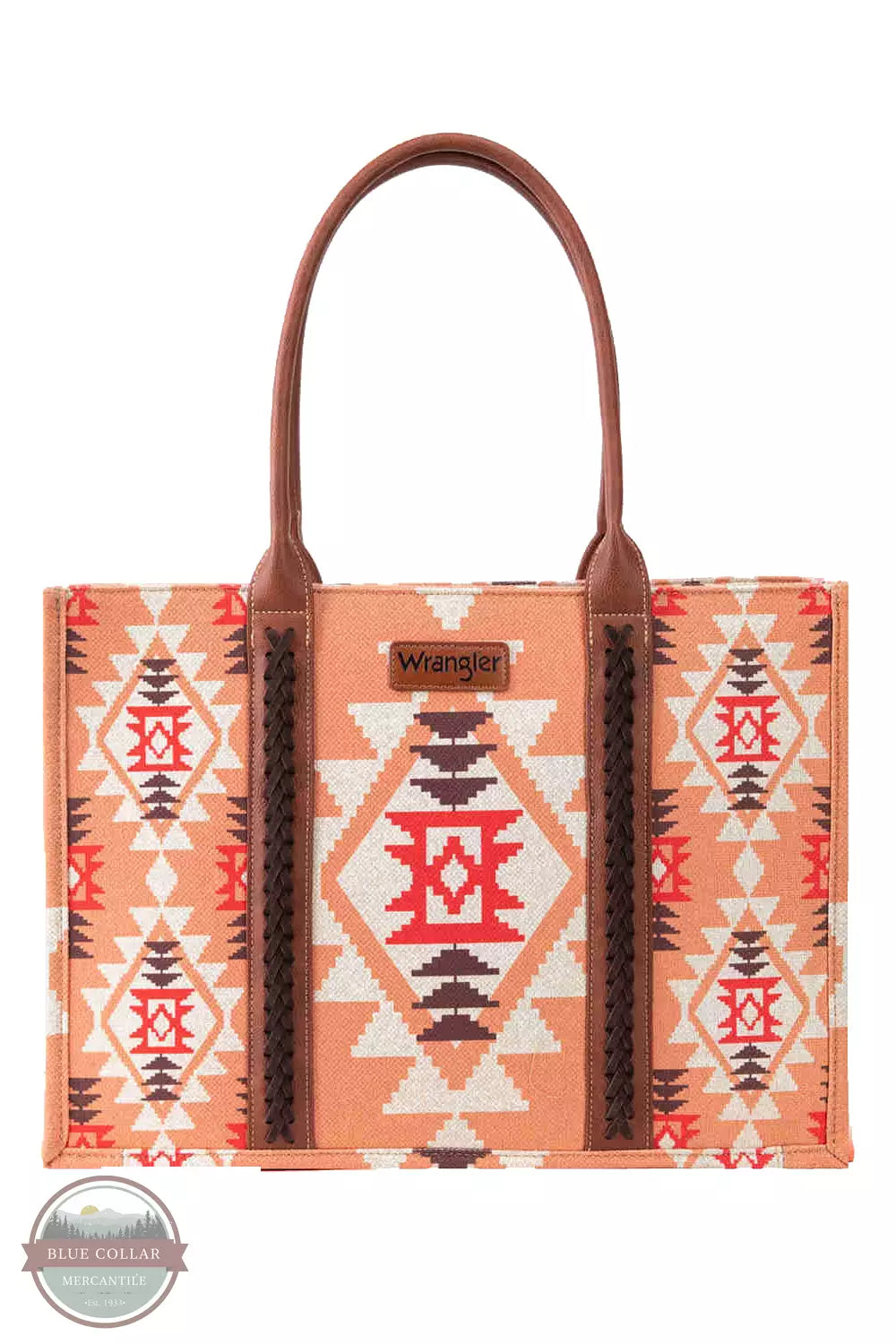 Wrangler WG2203-8119 Southwestern Print Canvas Wide Tote Bag Orange Front View