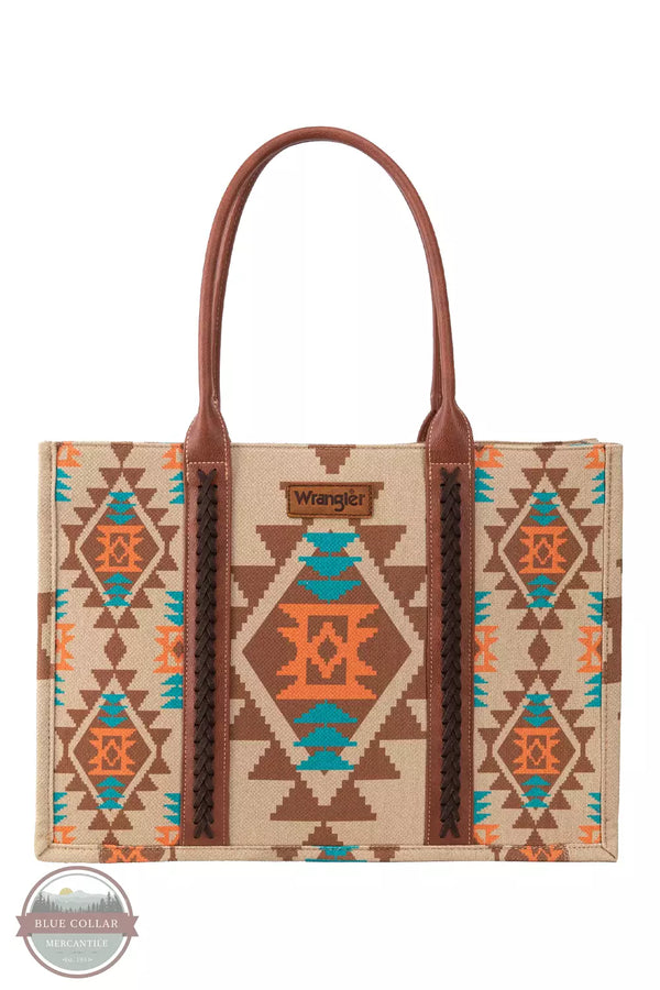 Wrangler WG2203-8119 Southwestern Print Canvas Wide Tote Bag Tan Front View