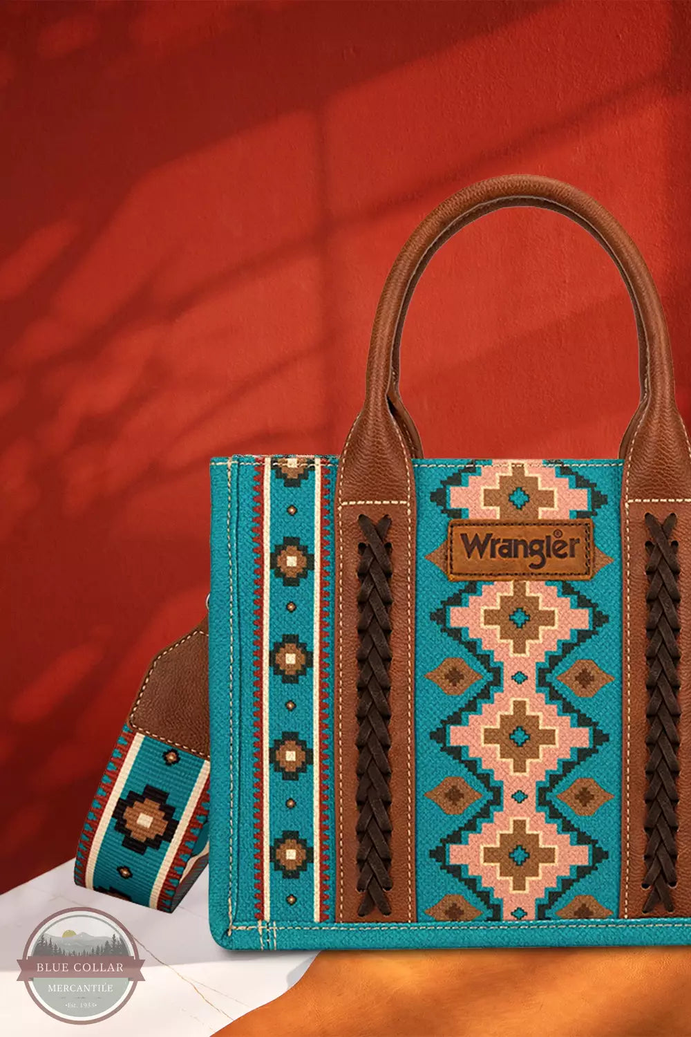 Wrangler WG2203-8120S Southwestern Print Canvas Small Crossbody Tote Bag Dark Turquoise Front View