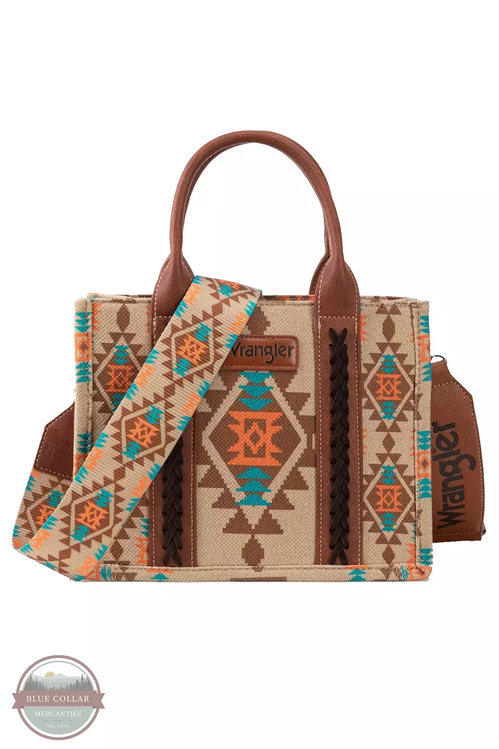 Wrangler WG2203-8120S Southwestern Print Canvas Small Crossbody Tote Bag Tan Front View