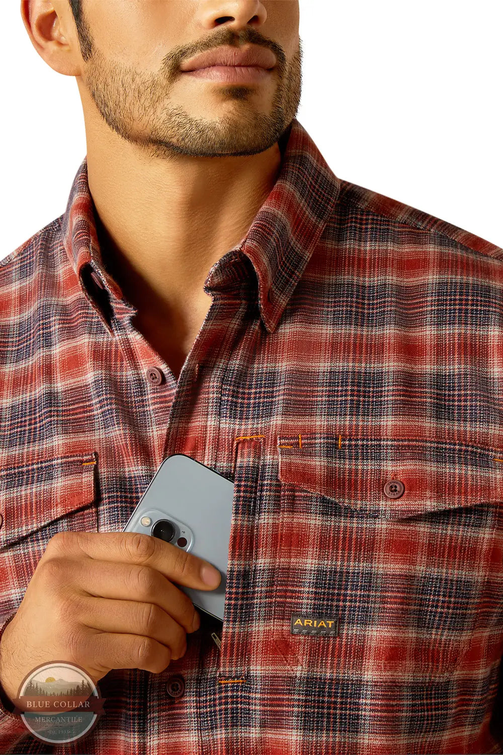 Ariat 10052804 Rebar Flannel DuraStretch Work Shirt, front pocket