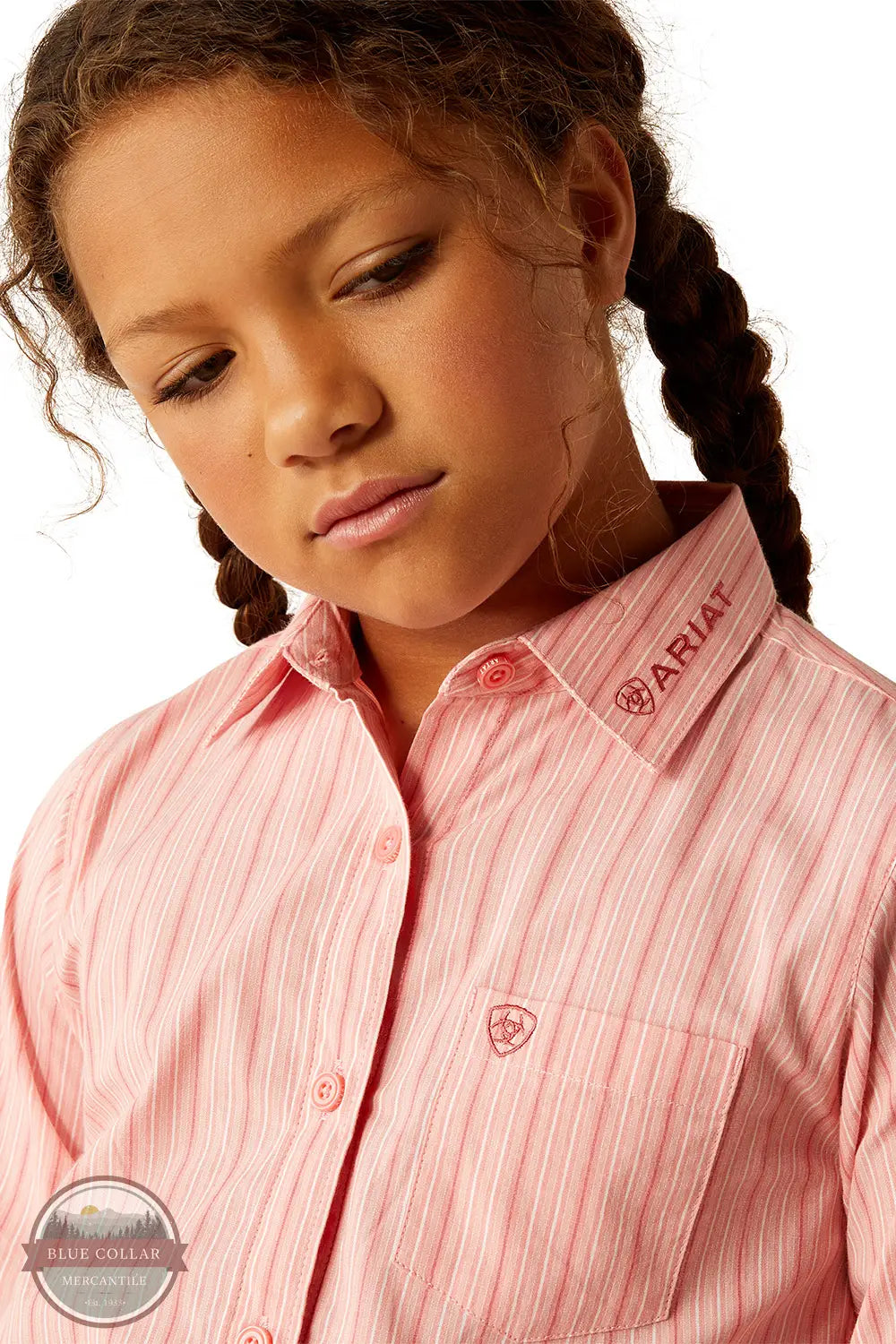 Ariat 10054934 Team Kirby Stripe Long Sleeve Shirt in Pink, collar