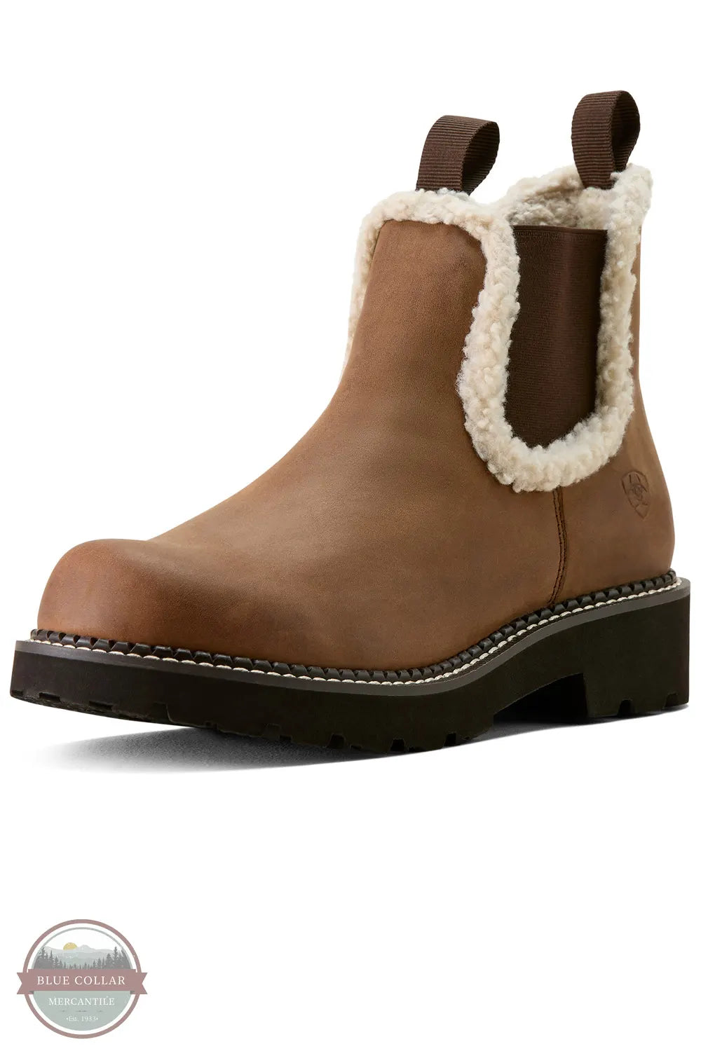 Brown boot with white fur trim on a white background Ariat 10063848 Fatbaby Chelsea Cozy Western Boot