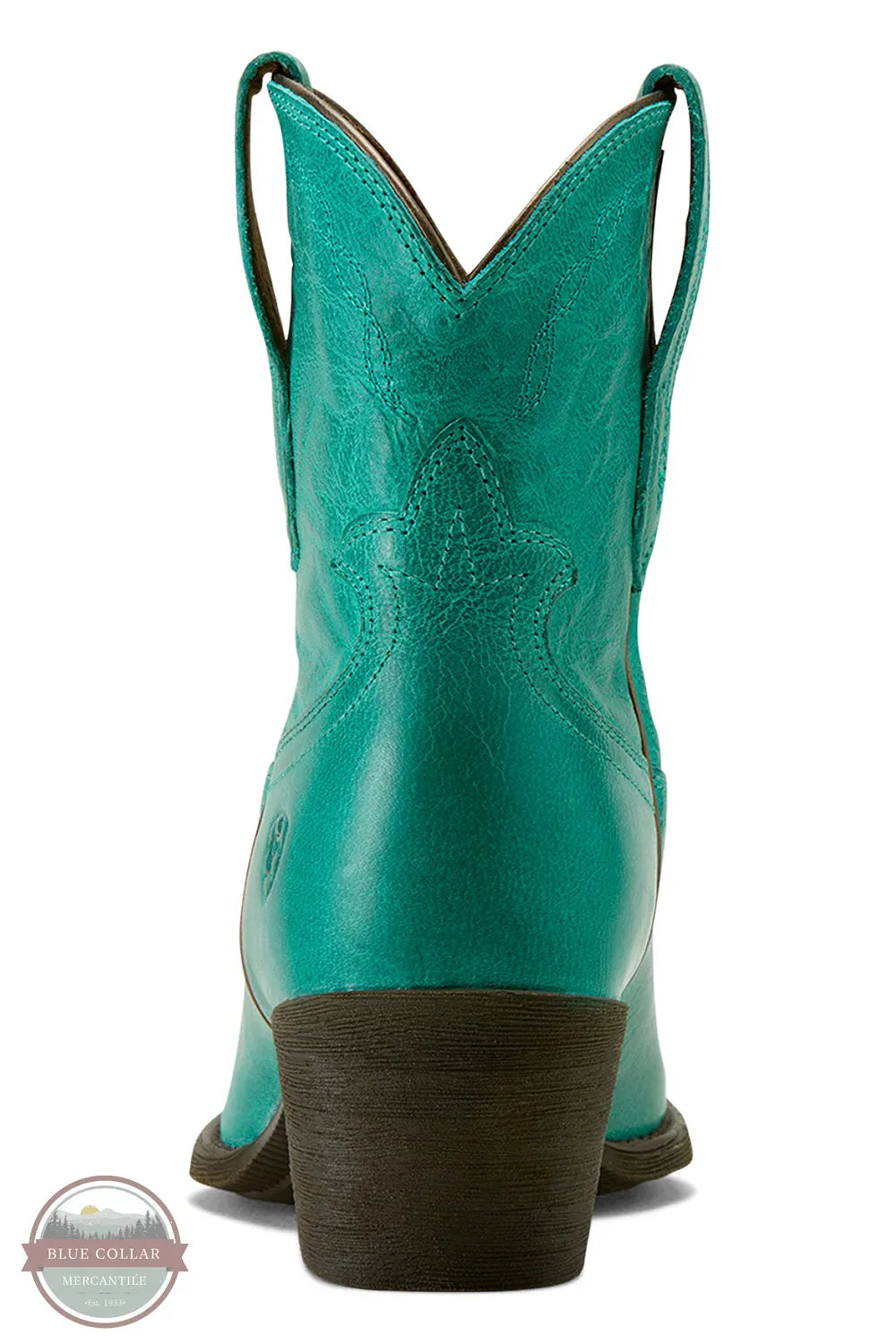 Turquoise cowboy boot with a black sole on a white background Ariat 10063939 Maggie J Toe Shortie Western Boot in Turquoise
