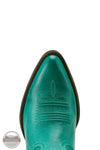 Close-up of a teal cowboy boot with a brand logo in the corner. Ariat 10063939 Maggie J Toe Shortie Western Boot in Turquoise