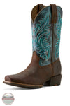 Brown cowboy boot with turquoise embroidery on a white background Ariat 10064077 Round Up Narrow Cutter Toe Western Boot