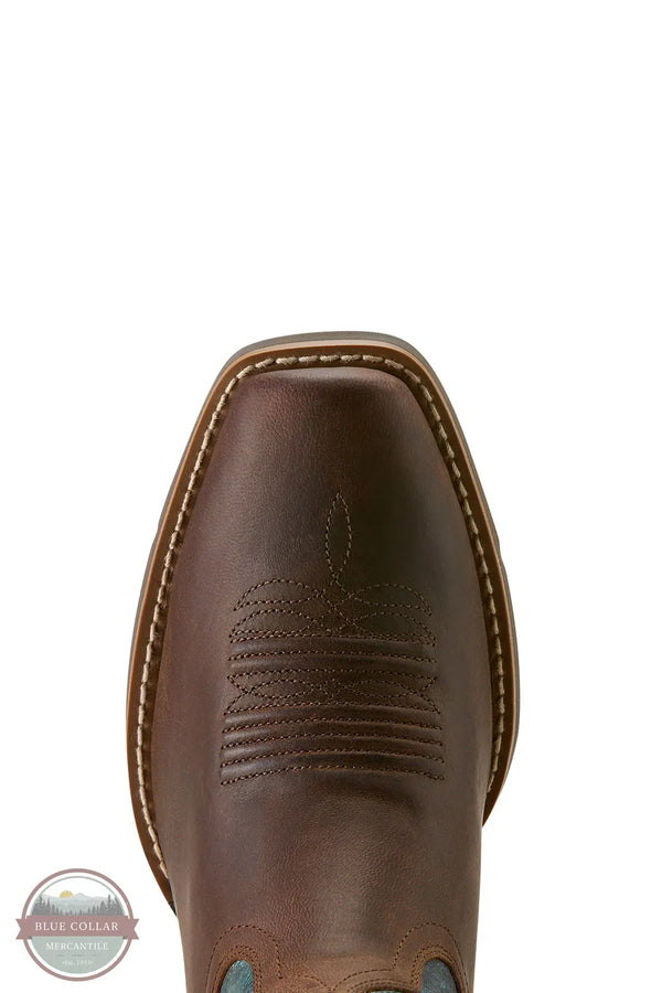 Brown leather boot with intricate stitching on a white background Ariat 10064077 Round Up Narrow Cutter Toe Western Boot