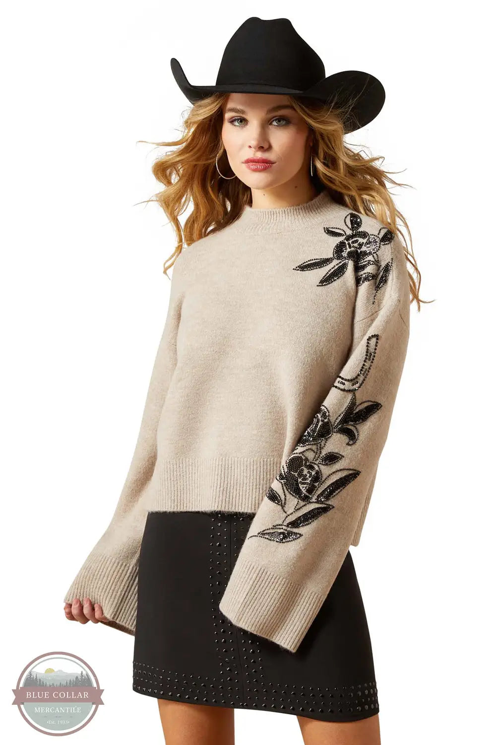 Ariat 10065989 Mock Neck Black Sequin Floral Embroidered Sweater, front