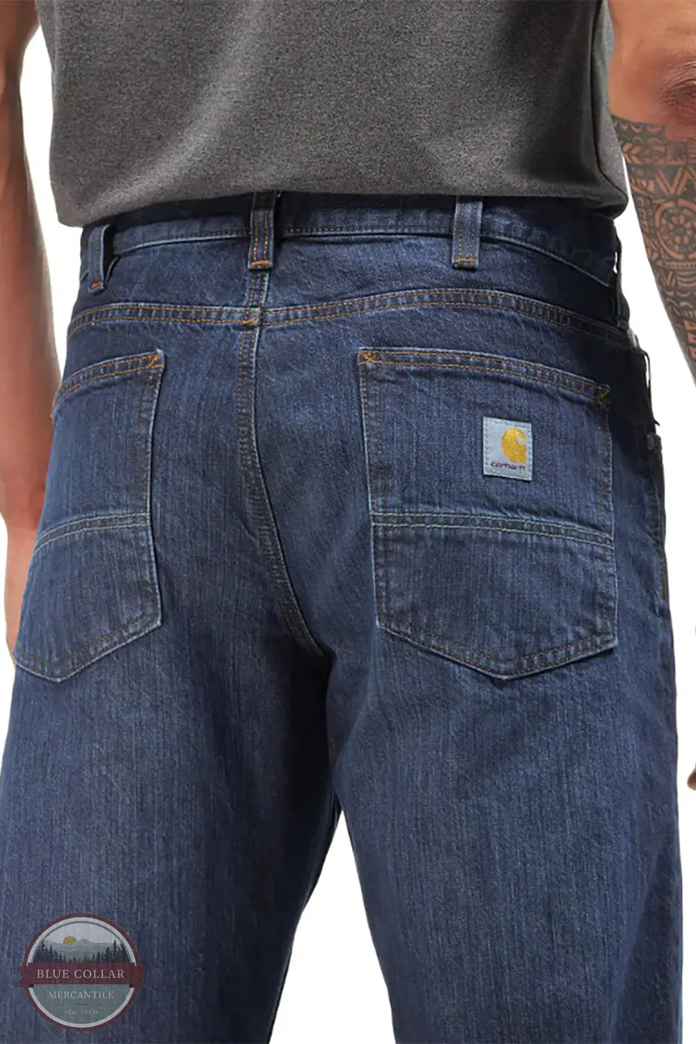Carhartt 105119-H44 Men's Relaxed Fit 5 Pocket 100% Cotton Jean in Deep Creek back pocket view