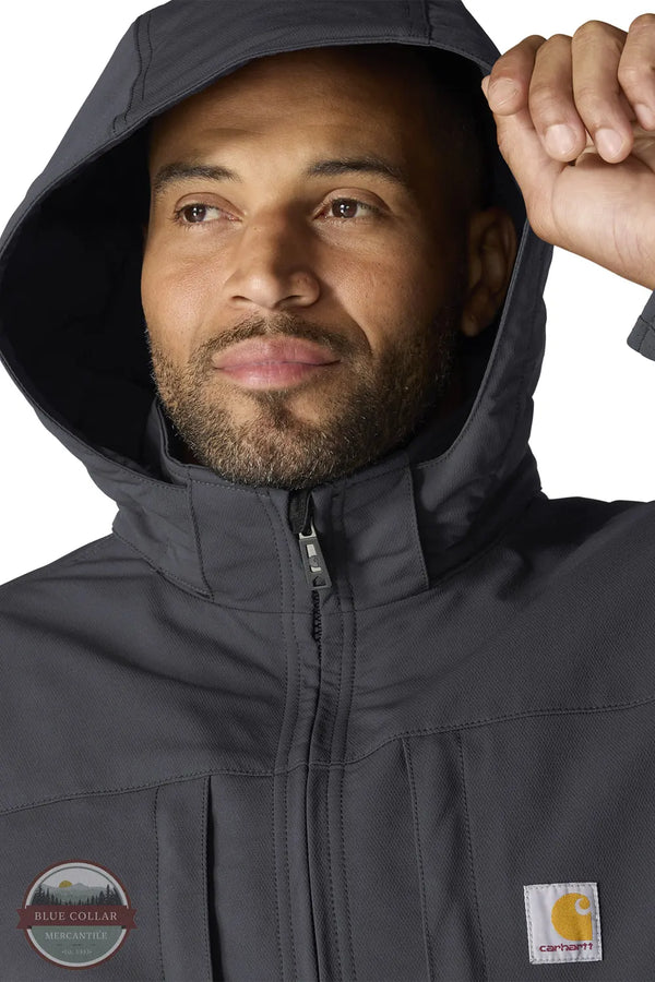 Carhartt 106006 Men's Super Dux Full Swing Insulated Teck Jacket - 3 Warmest Rating hood pulled up view