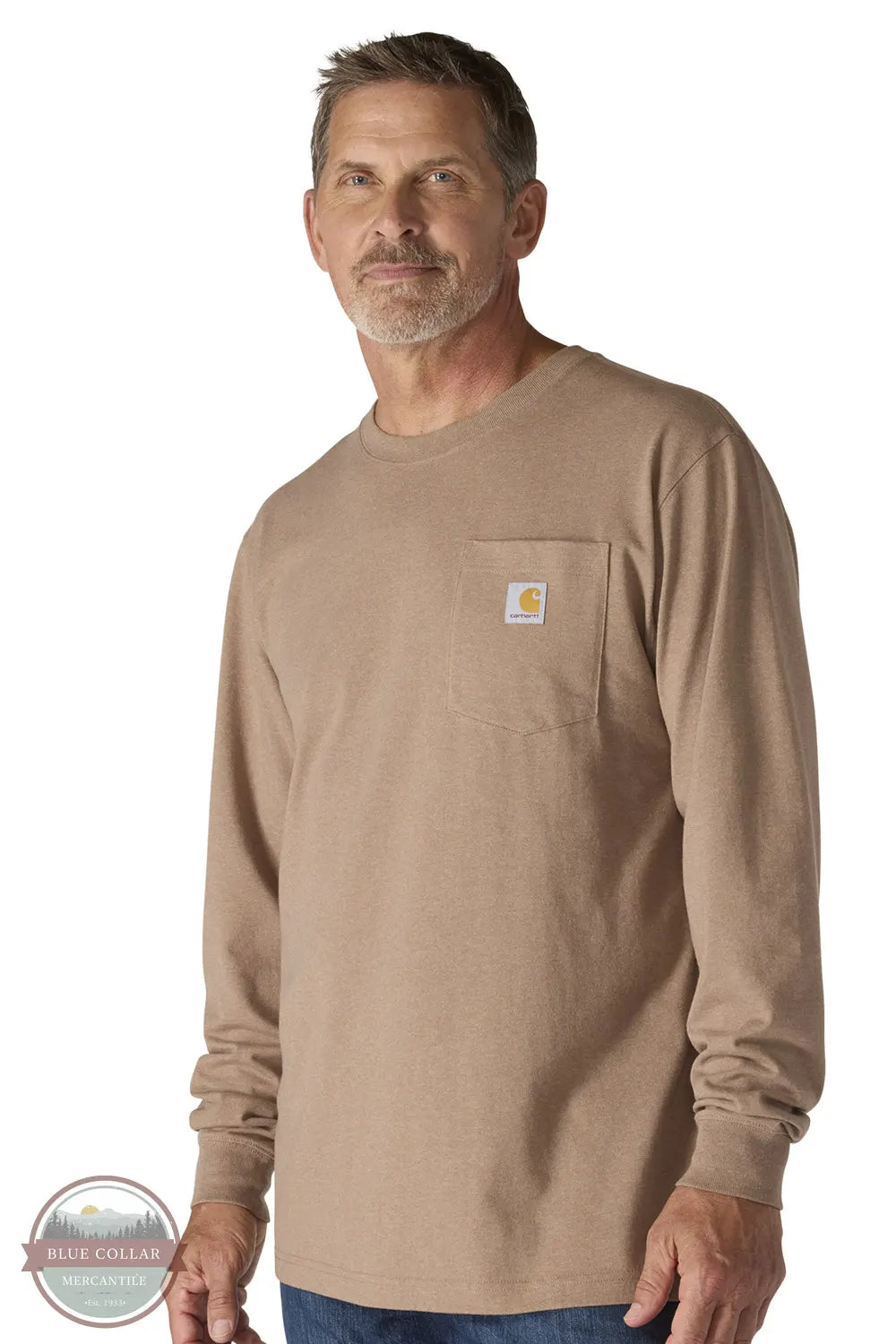 Carhartt 107041 BB0 Loose Fit Heavyweight Long-Sleeve Pocket Deer Graphic T-Shirt front view with pocket