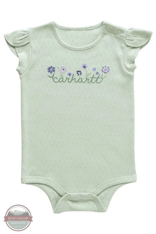 Carhartt CA7100-G305 Tulip Sleeve Script logo Onesie in Green, front