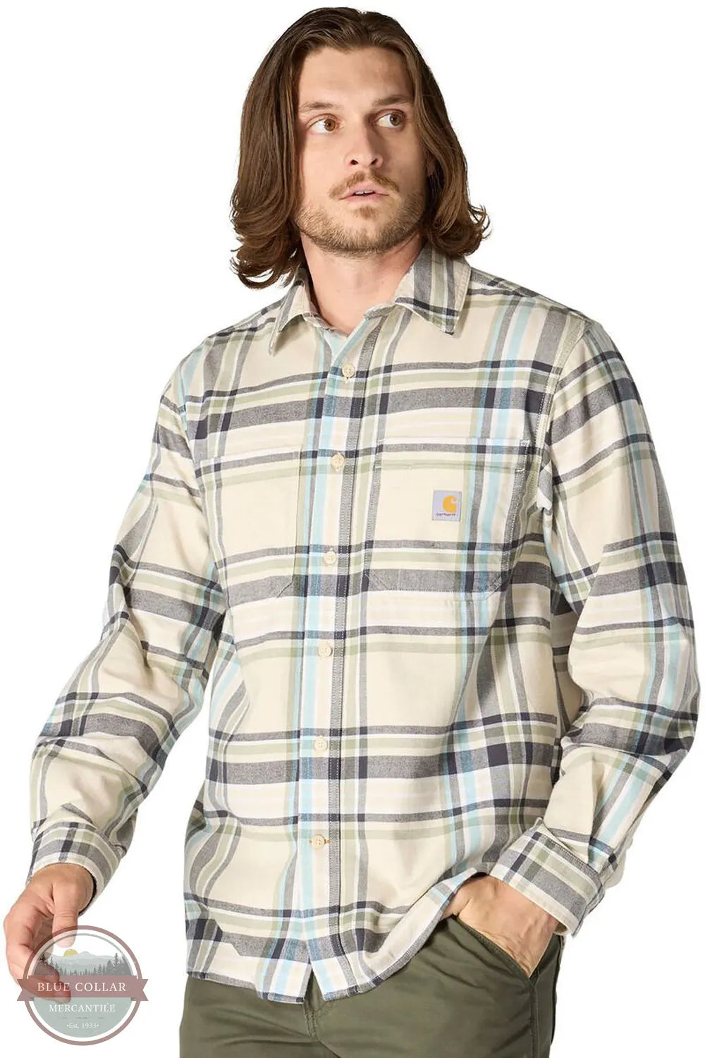 Carhartt 107010-A16 Rugged Flex Relaxed Fit Midweight Flannel Long-Sleeve Plaid Shirt in Oatmeal