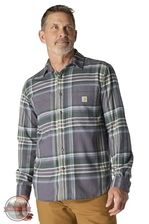 Carhartt 107010-GVL Rugged Flex Relaxed Fit Midweight Flannel Long-Sleeve Plaid Shirt in Gravel