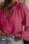 E Luna TUMDL5180R-15 Solid Crochet Lace Button Up Blouse in Pink, front view