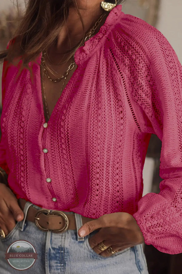 E Luna TUMDL5180R-15 Solid Crochet Lace Button Up Blouse in Pink, front view