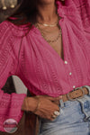 E Luna TUMDL5180R-15 Solid Crochet Lace Button Up Blouse in Pink, front side