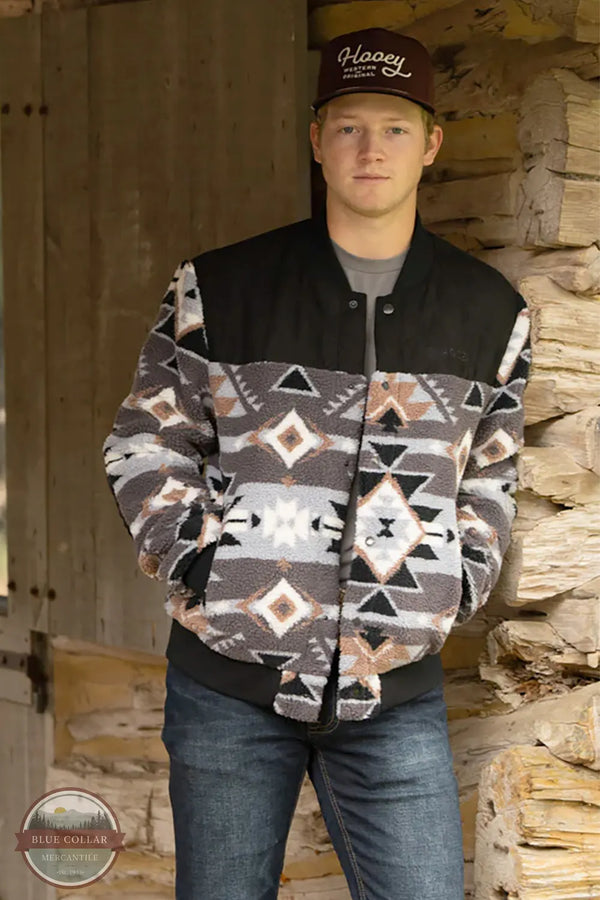 Hooey HJ132AZBK Sherpa Bomber Jacket Black/White Aztec model worn