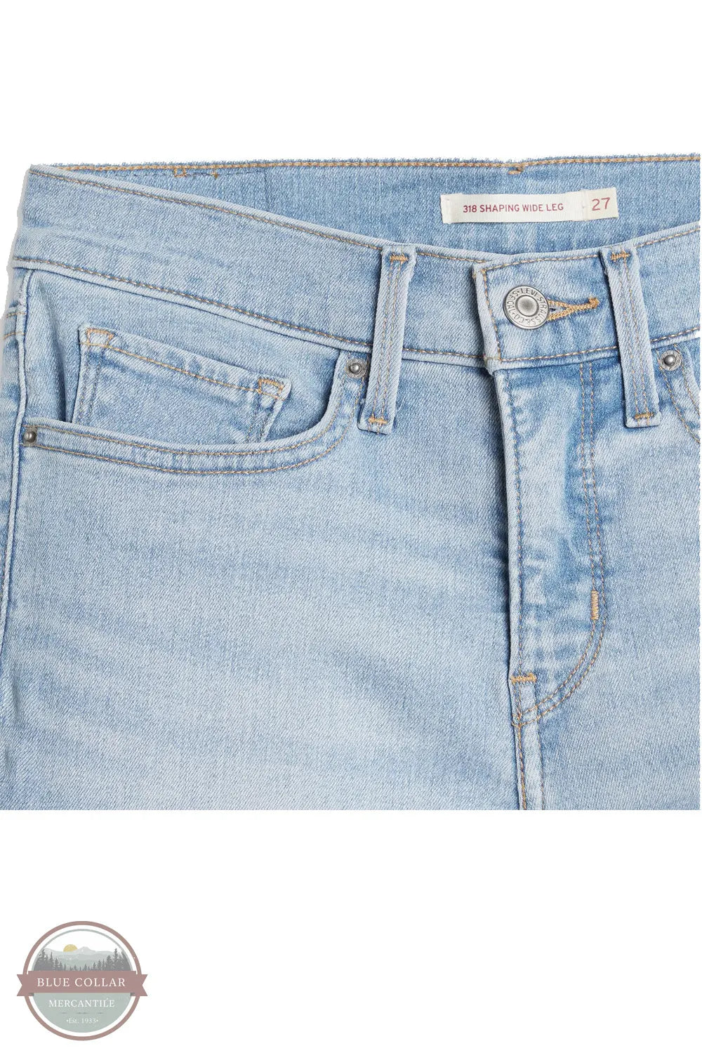 Levi's 001PZ-0004 318 Shaping Wide Leg Jean in Light Wash front button and pockets detail