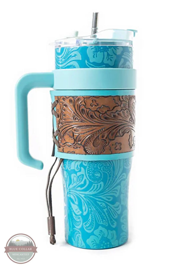 S-12394 Wide Wyoming Blue Floral Tooled Tumbler