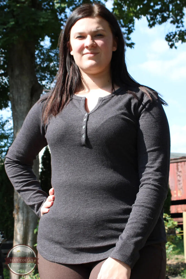 North River Apparel NRL2556 Ladies Mini Waffle Notch Henley Shirt Charcoal color view