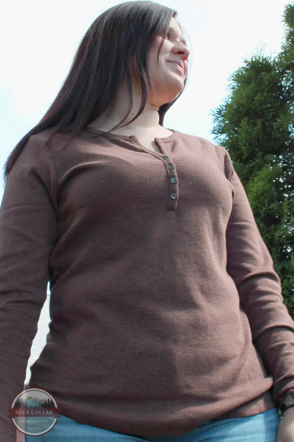 North River Apparel NRL2556 Ladies Mini Waffle Notch Henley Shirt Earth Brown Color view