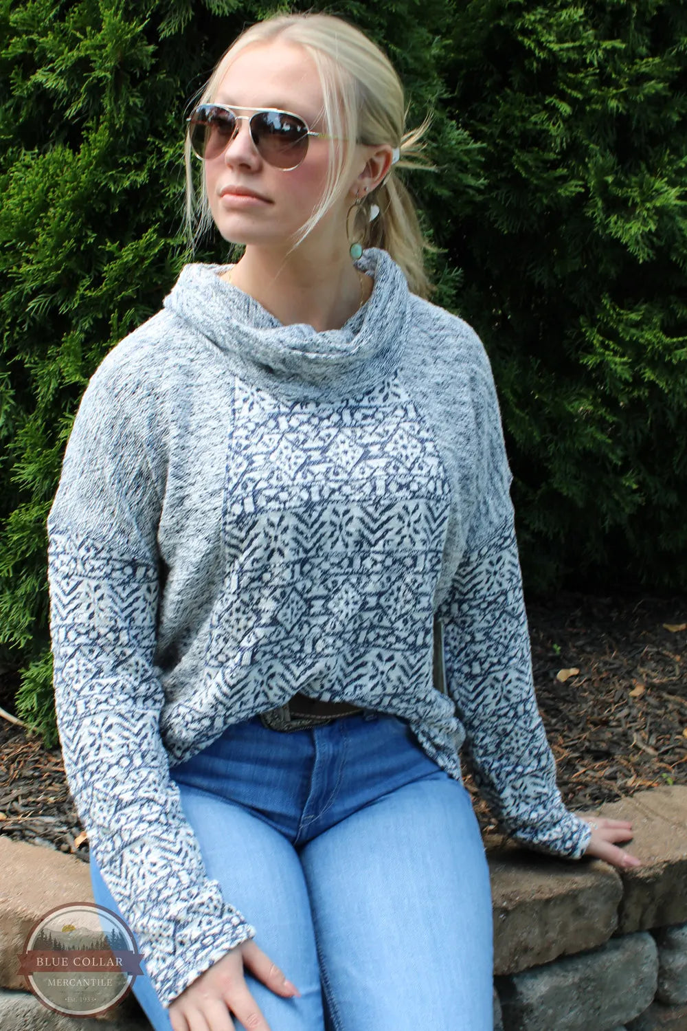 North River Apparel NRL2563 Jacquard French Terry Cowl Neck Sweater indigo Jamie Lynn Front