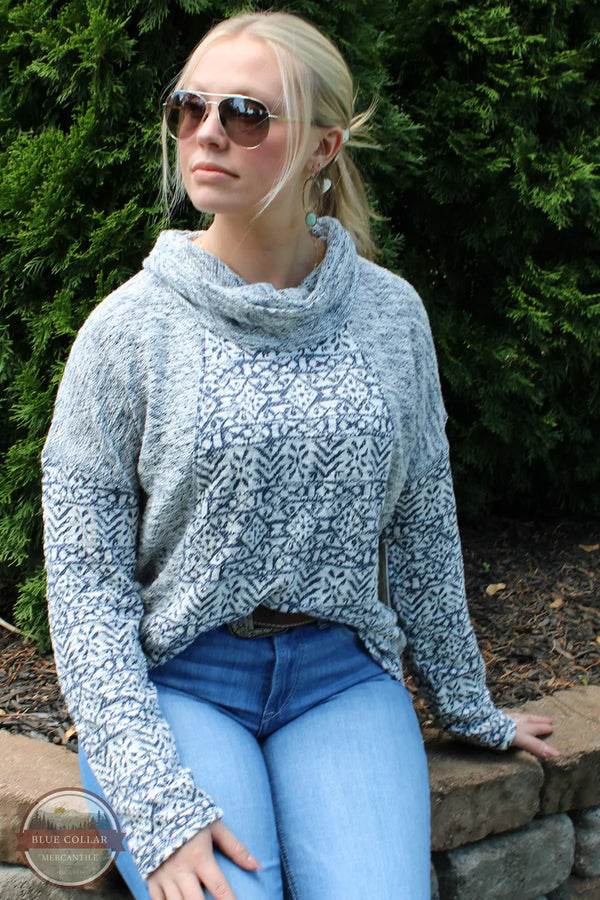 North River Apparel NRL2563 Jacquard French Terry Cowl Neck Sweater indigo Jamie Lynn Front