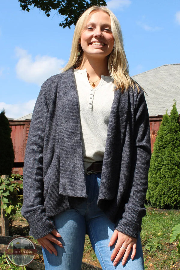 North River Apparel NRL2570 Ladies Yarn Waffle Knit Cardigan Sweater in Wild Wind (Grey) Jamie Lynn Front view
