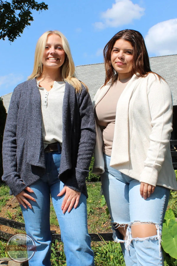 North River Apparel NRL2570 Ladies Yarn Waffle Knit Cardigan Sweater in Oatmeal and Wild Wind (Grey) both colors shown