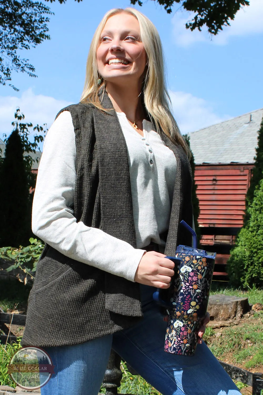 North River Apparel NRL2571 Ladies Yarn Waffle Knit Vest Cardigan Sweater Ivy Jamie Lynn front