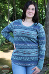 North River Apparel NRL2586 Ladies Printed Mini Waffle Crew Neck w/ Metal Button Cuff Atlantic Blue Savannah