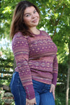North River Apparel NRL2586 Ladies Printed Mini Waffle Crew Neck w/ Metal Button Cuff Prune color Adrianna Front
