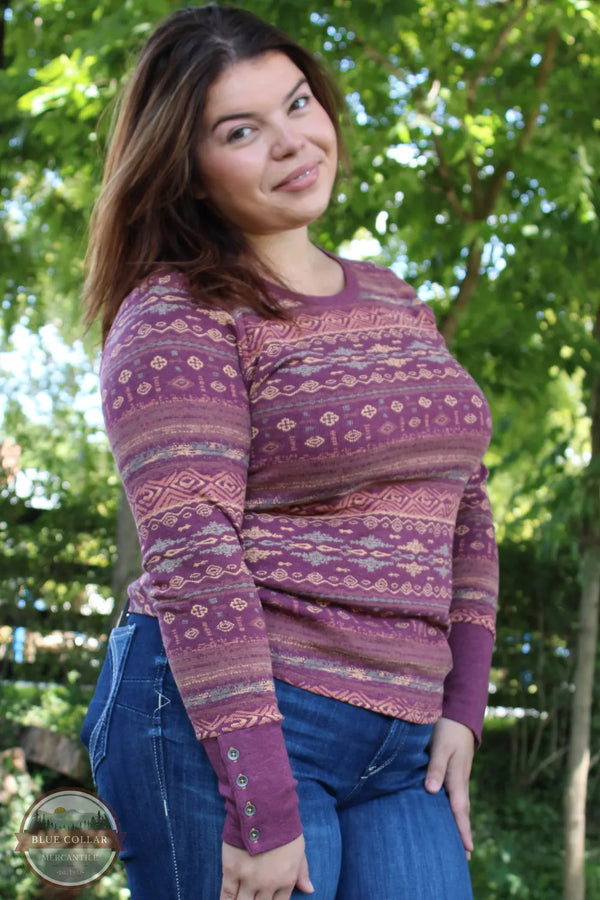 North River Apparel NRL2586 Ladies Printed Mini Waffle Crew Neck w/ Metal Button Cuff Prune color Adrianna Front
