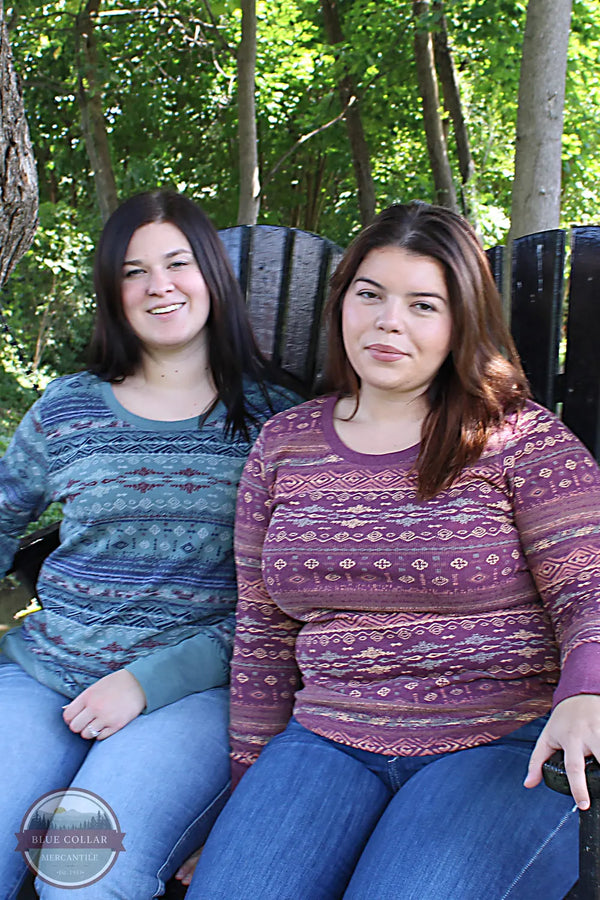 North River Apparel NRL2586 Ladies Printed Mini Waffle Crew Neck w/ Metal Button Cuff Savannah and Adrianna