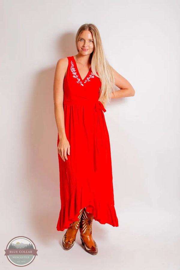 Roper 03-057-0513-5045 RE Sleeveless Faux Wrap Dress in Red, front