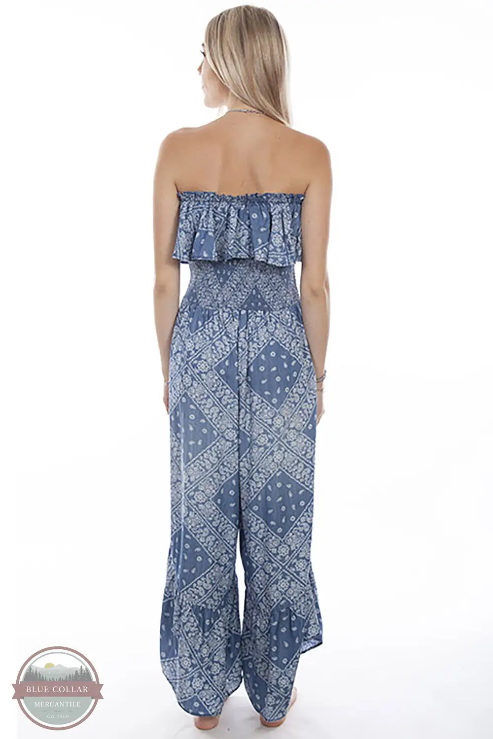 Scully HC744 Bandana Print Strapless Ruffle Trim Bodice Romper in Blue, back