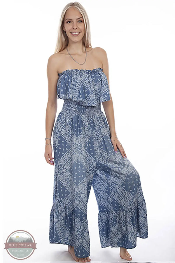 Scully HC744 Bandana Print Strapless Ruffle Trim Bodice Romper in Blue, front