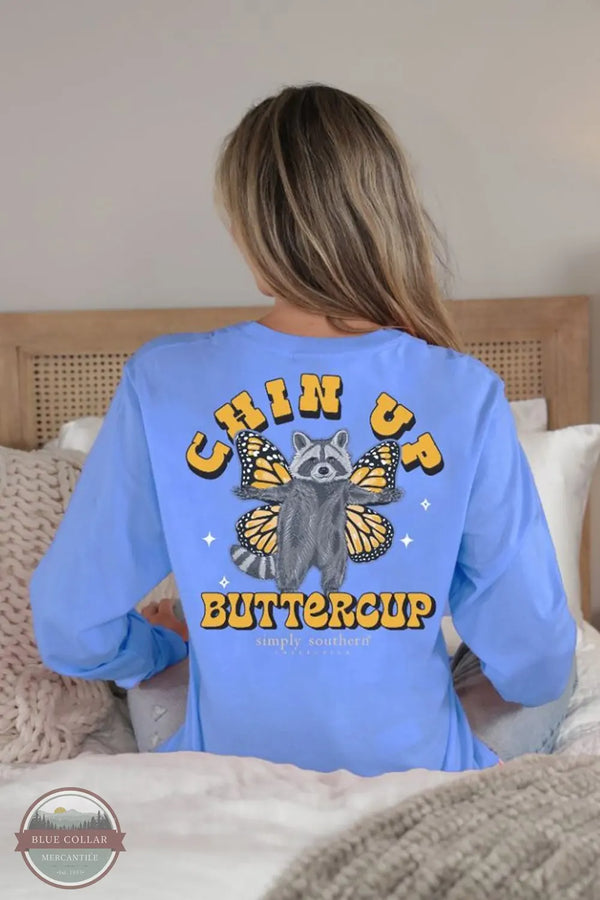 Simply Southern LS-BUTTERCUP-VISTA Chin Up Buttercup Long Sleeve Shirt in Vista Blue lifestyle image