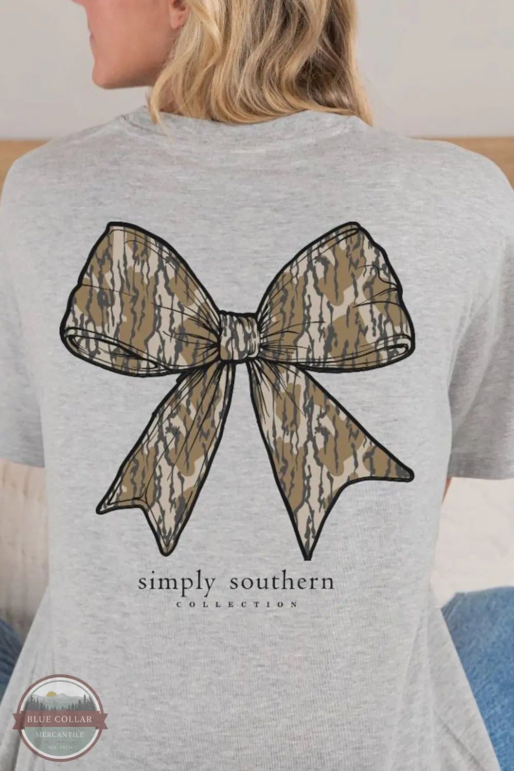 Simply Southern SS-CAMOBOW-ASHGRY Camo Bow Short Sleeve T-Shirt in Ash Grey on model
