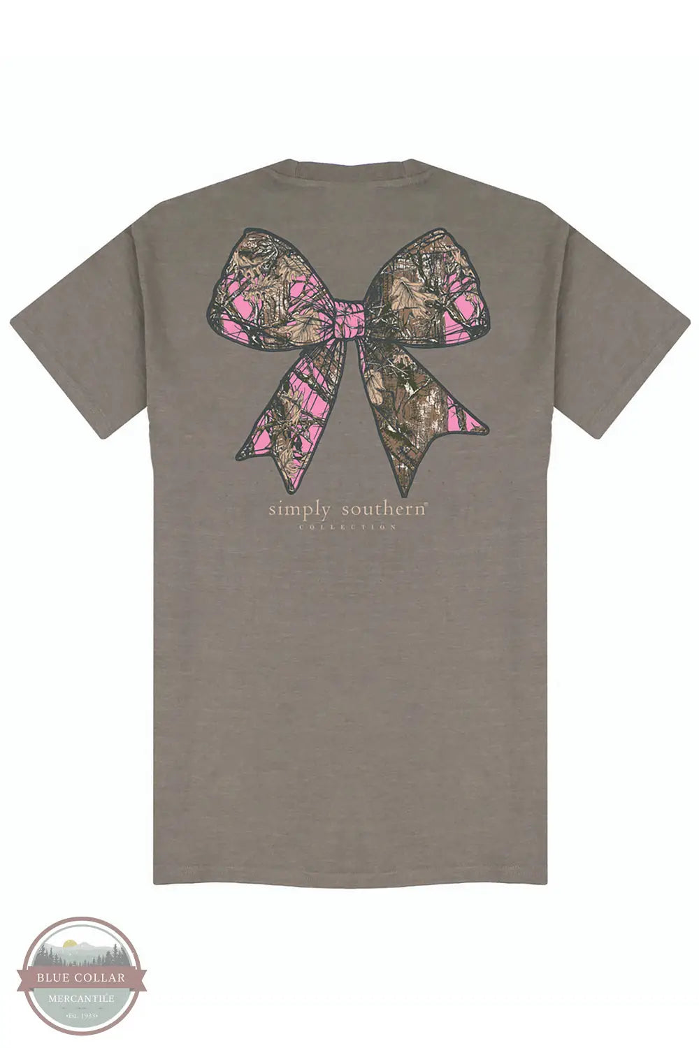 Simply Southern YTH-SS-CAMOBOW-DESERTHTHR Pink Camo Bow T-Shirt in Brown, rear view