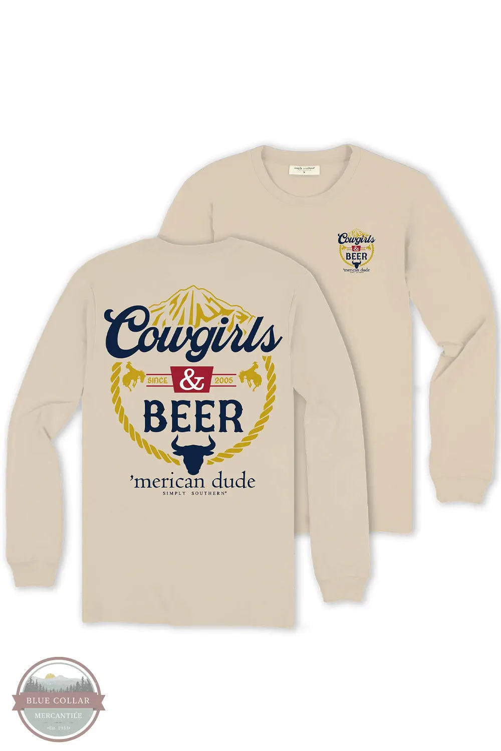 Simply Southern MN-LS-COWGIRLS-WHISPER Cowgirls & Beer 'merican Dude Long Sleeve T-Shirt front and back of shirt shown