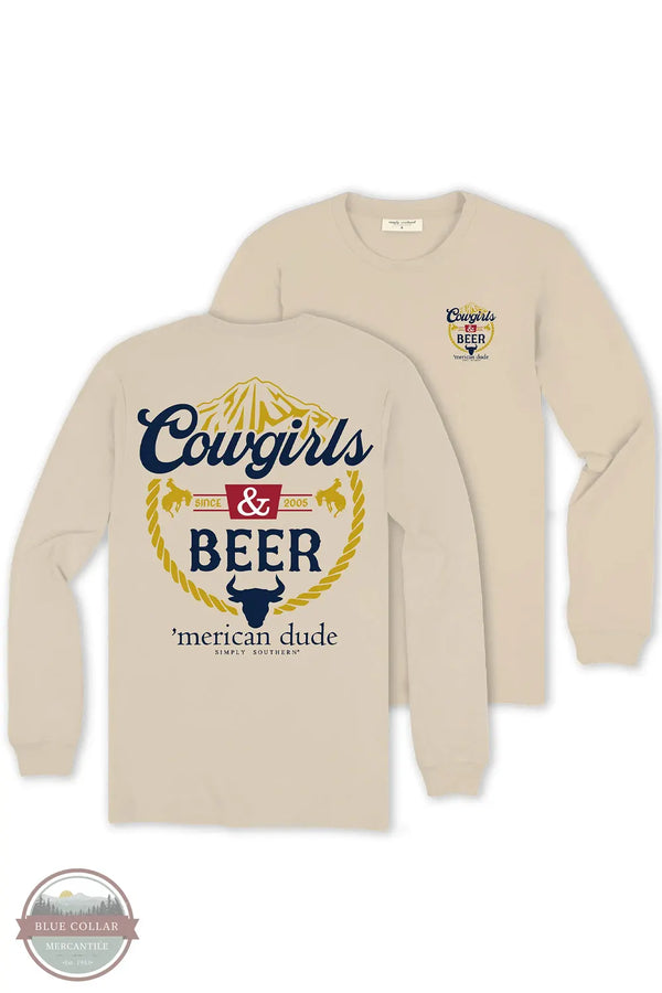 Simply Southern MN-LS-COWGIRLS-WHISPER Cowgirls & Beer 'merican Dude Long Sleeve T-Shirt front and back of shirt shown